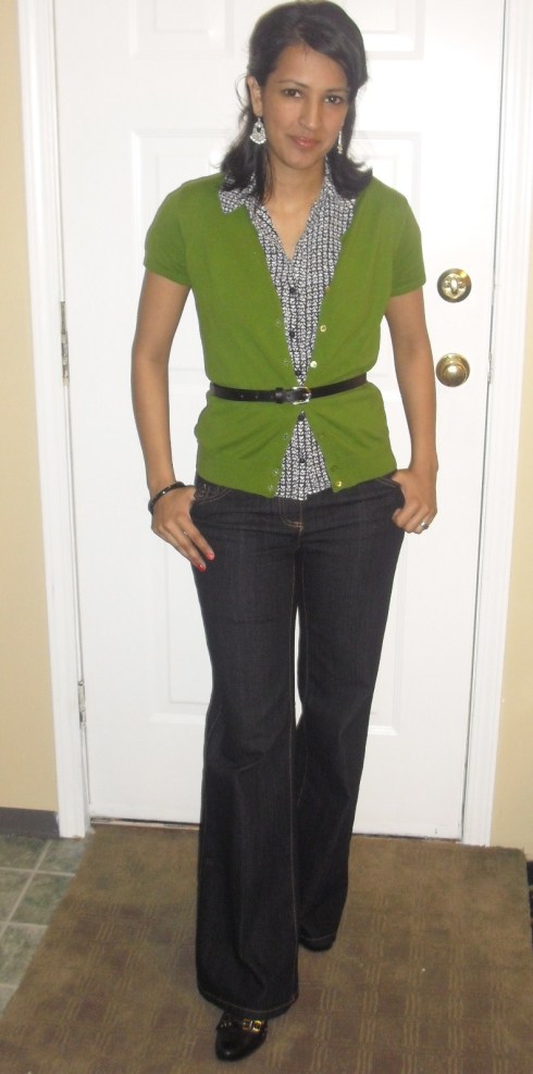 olive cardigan and wide leg jeans